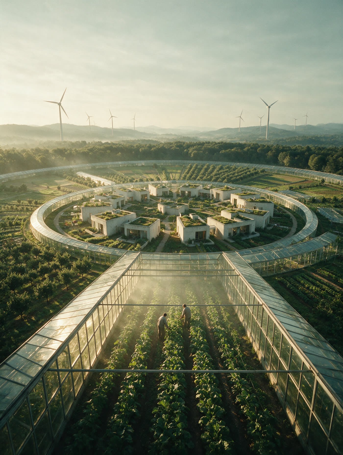 Looking down through a glasshouse roof at two residents tending crop rows, the ring of homes behind.