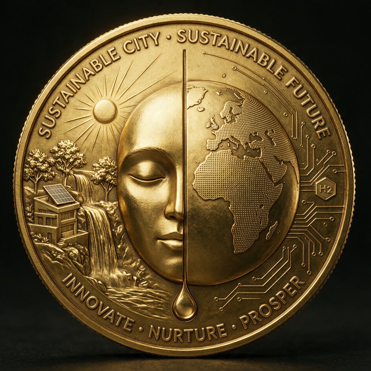 Reverse of the coin: half a human face joined to the engraved world, sun and waterfall beside a solar terrace. Legend: sustainable city, sustainable future.