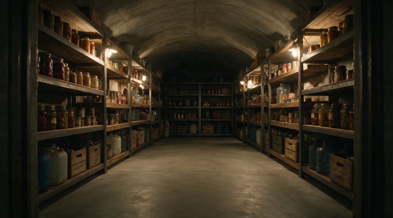 A vaulted underground store room, its shelves stocked with sealed jars, tins and water vessels under warm lamplight.
